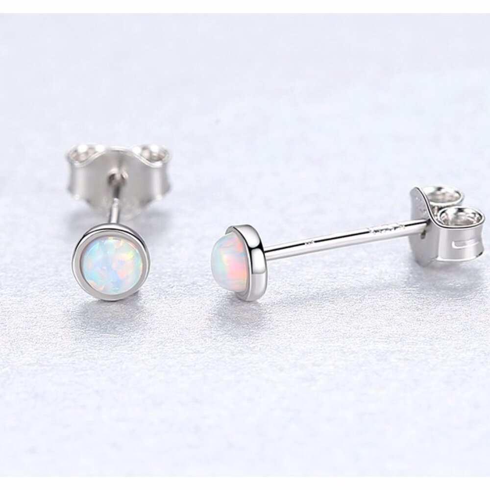 925 Sterling Silver 3mm Round  Opal Stud Earrings - Picture 4 of 5
